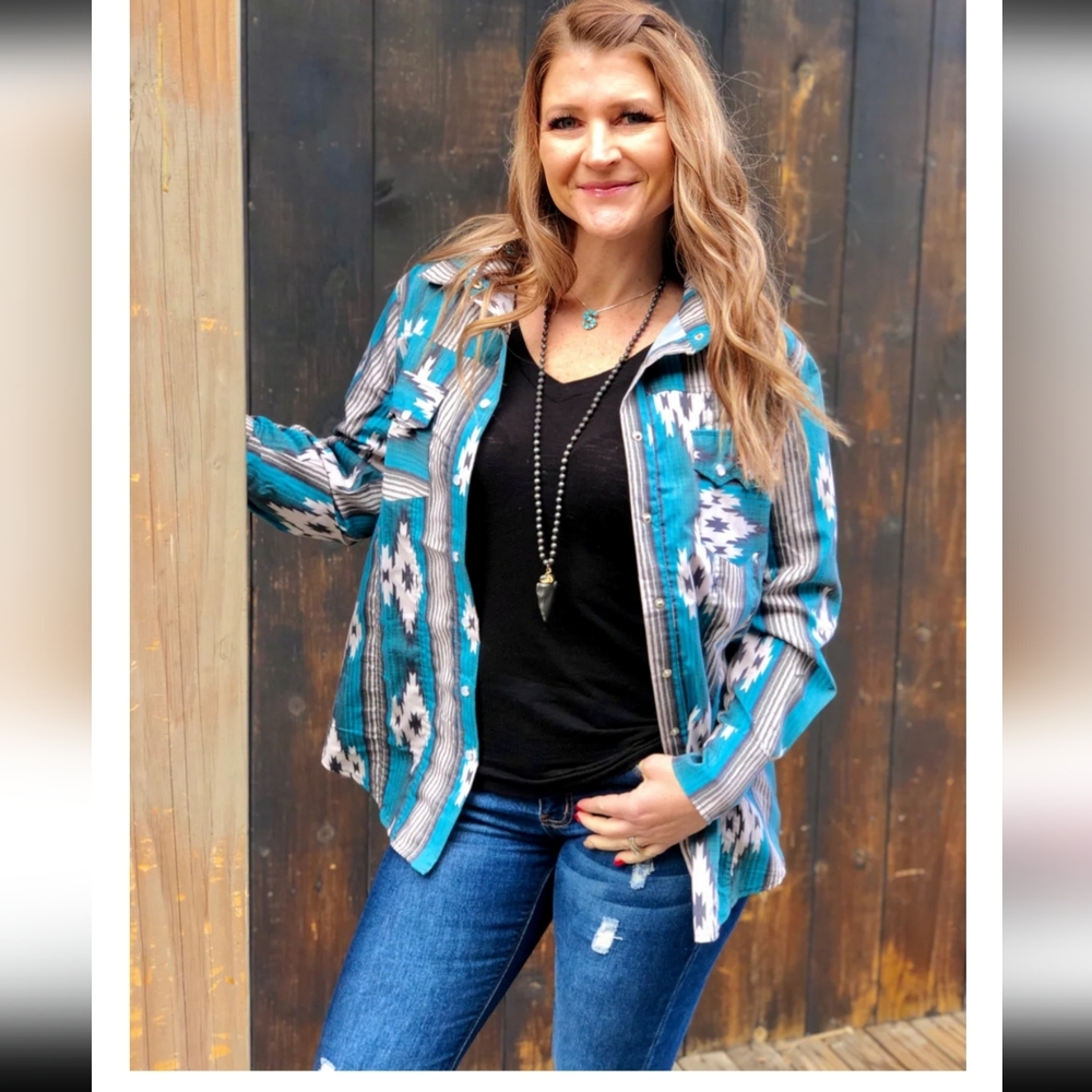 VTG 90s Crazy Train Womens Aztec Pearl Snap Button Up Shirt Sz M Rancher Western